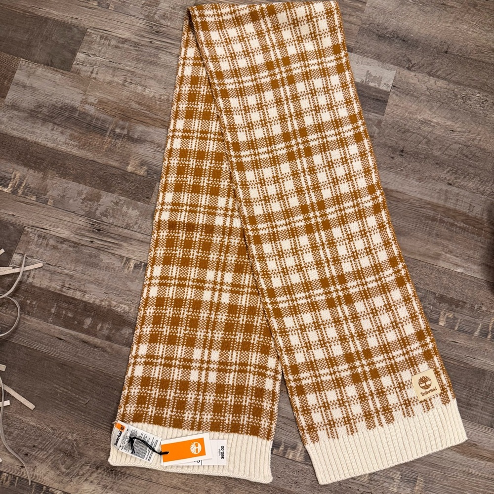 NWT Timberland Plaid Knit Scarf OS Brown Cream $60 MSRP
